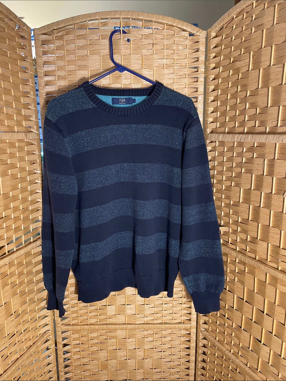 J. Crew Men's Navy and Heathered Blue Striped Crewneck Sweater Size Large